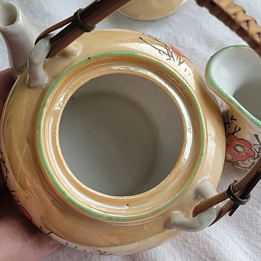 Vintage Japanese Hand Painted Floral Teapot And Pitcher.  Bamboo Handle. - Picture 2 of 10